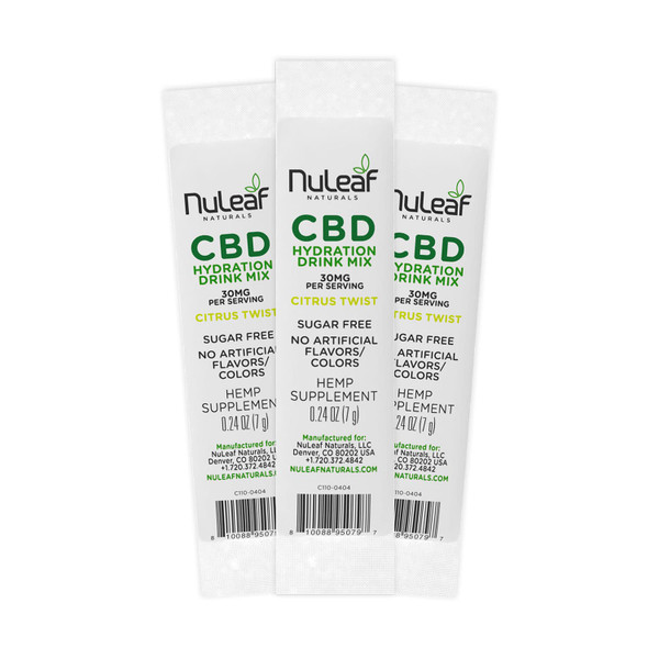 Three single-serve packets of NuLeaf Naturals CBD Hydration Drink Mix