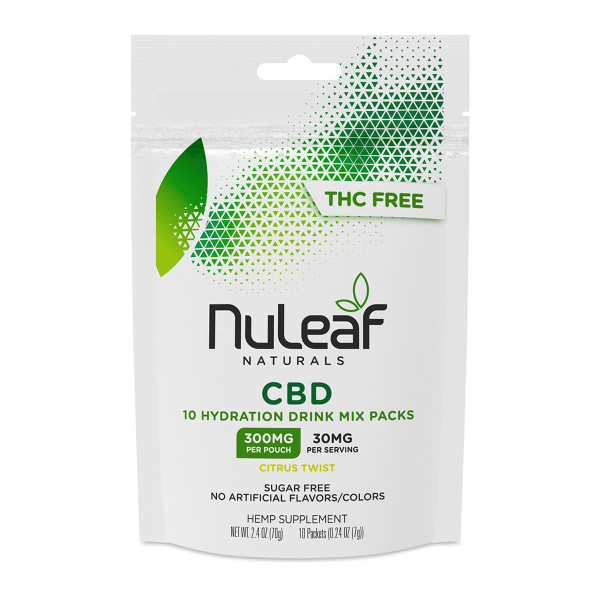 Pouch containing 10 single-serve packets of NuLeaf Naturals CBD Hydration Drink Mix