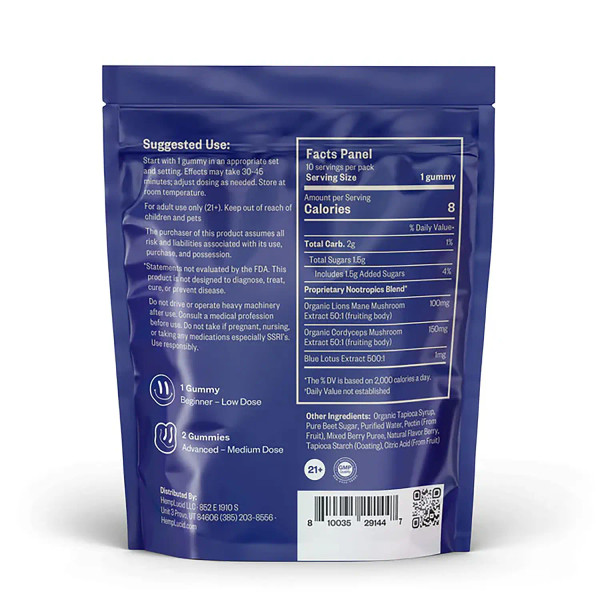 Supplement facts label for a 10 count bag of HempLucid Trips Nootropic Gummies