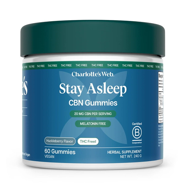 60 count container of Charlotte's Web Stay Asleep CBN Sleep Gummies