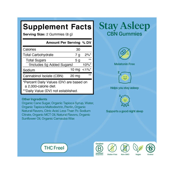 Supplement Facts label for a 60 count container of Charlotte's Web Stay Asleep CBN Sleep Gummies