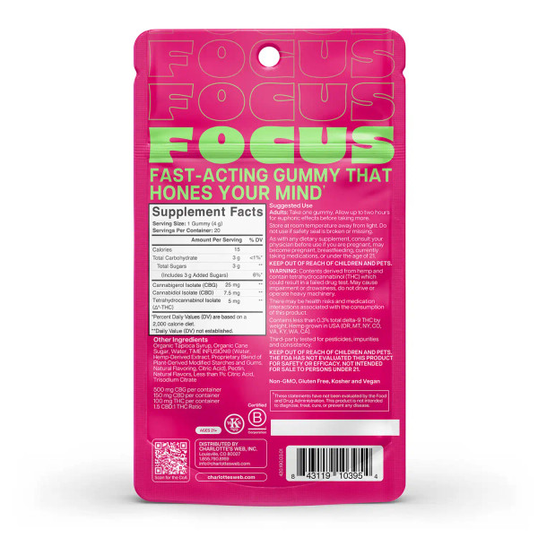 Supplement facts label for a 20 pack of Charlotte's Web Brightside Focus THC Gummies