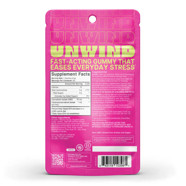 Supplement facts label for a 20 pack of Charlotte's Web Brightside Unwind THC Gummies