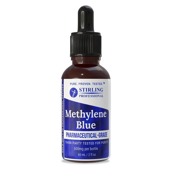 2oz glass bottle of pharmaceutical-grade Methylene Blue, made by Stirling Professional.