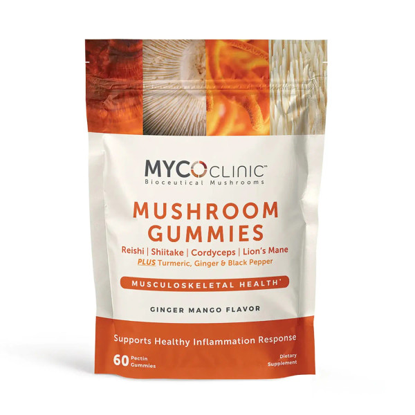 60 count pouch of Myco Clinic Musculoskeletal Health Mushroom Gummies