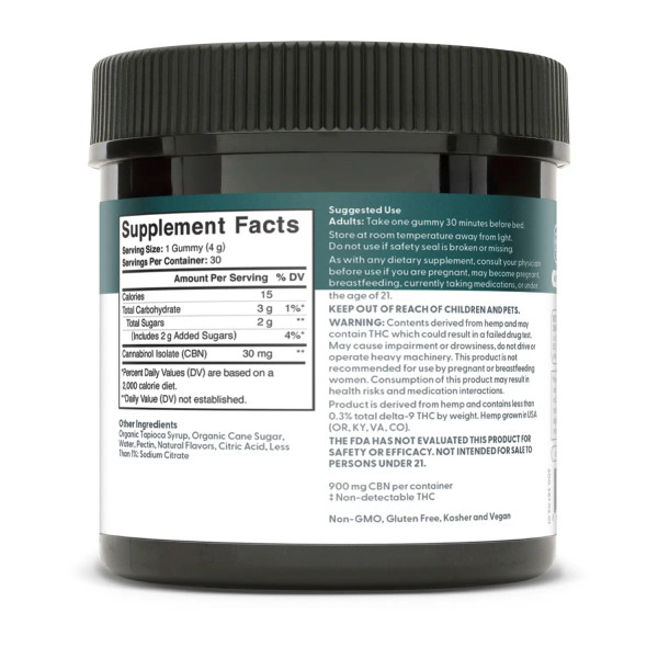Supplement facts label for a 30 count container of CBD Clinic Stay Asleep CBN Gummies
