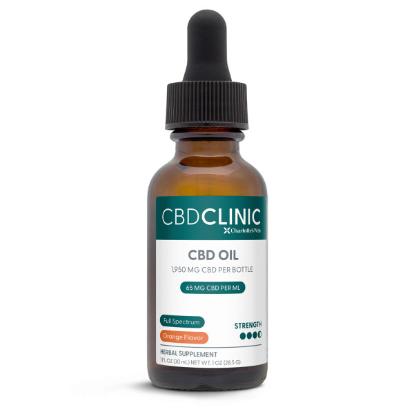 A bottle of CBD Clinic full-spectrum CBD oil on a white background