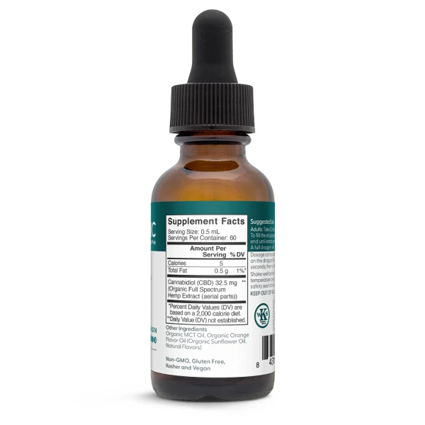 Supplement facts label for a bottle of CBD Clinic full-spectrum CBD oil on a white background