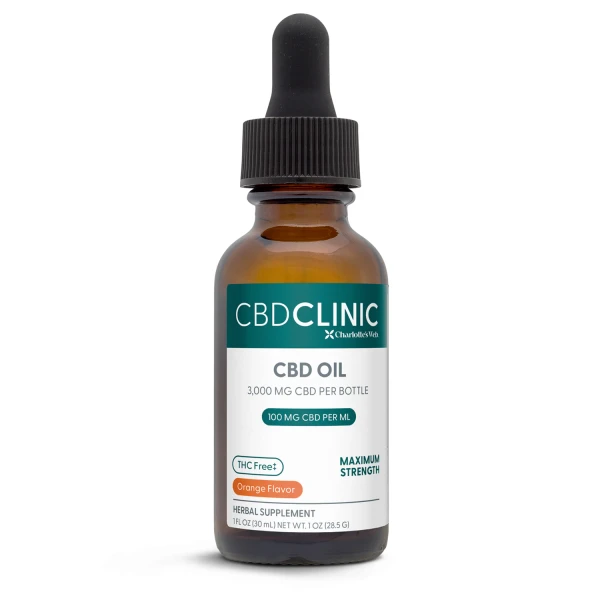 A bottle of CBD Clinic THC-free CBD oil on a white background