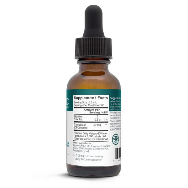 Supplement facts label on a bottle of CBD Clinic THC-free CBD oil on a white background