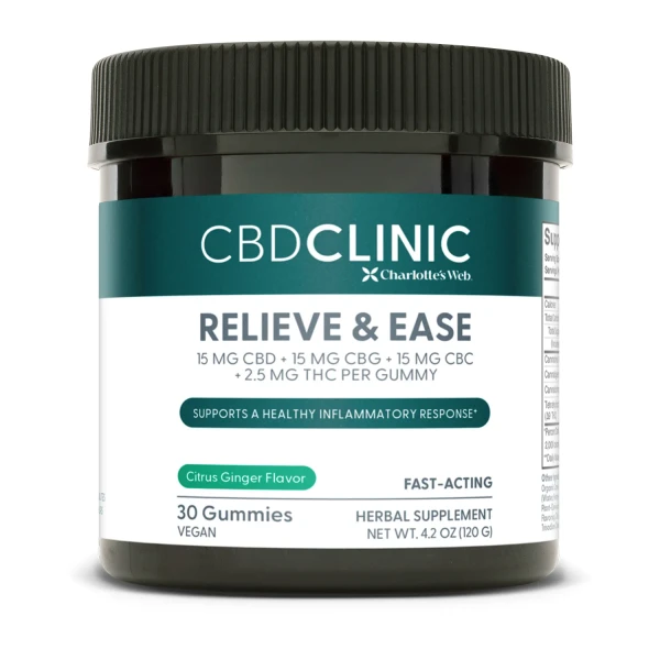 30 count container of CBD Clinic Relieve & Ease THC Gummies on a white background