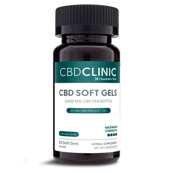 60 count bottle of CBD Clinic 60mg CBD soft gels on a white background