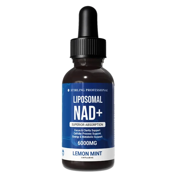 2oz glass bottle of pharmaceutical-grade Liposomal NAD+, made by Stirling Professional.