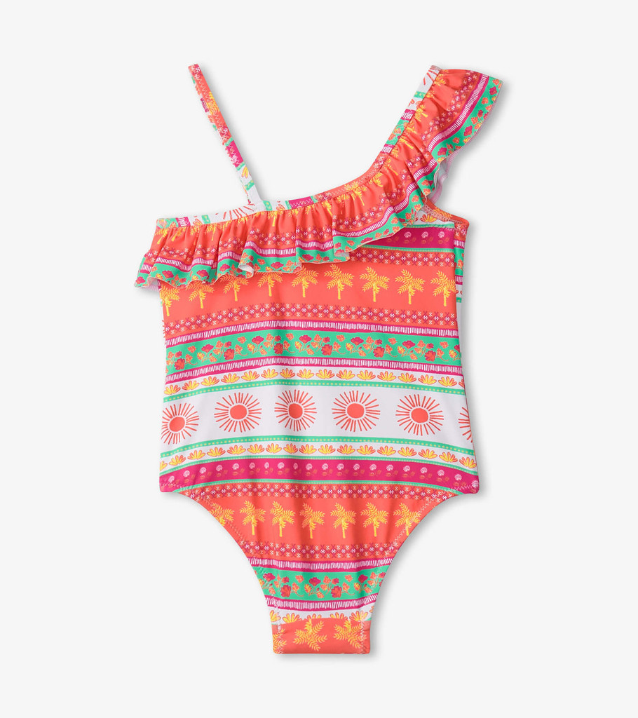 Ornate Tropicals Ruffle Trim Swimsuit