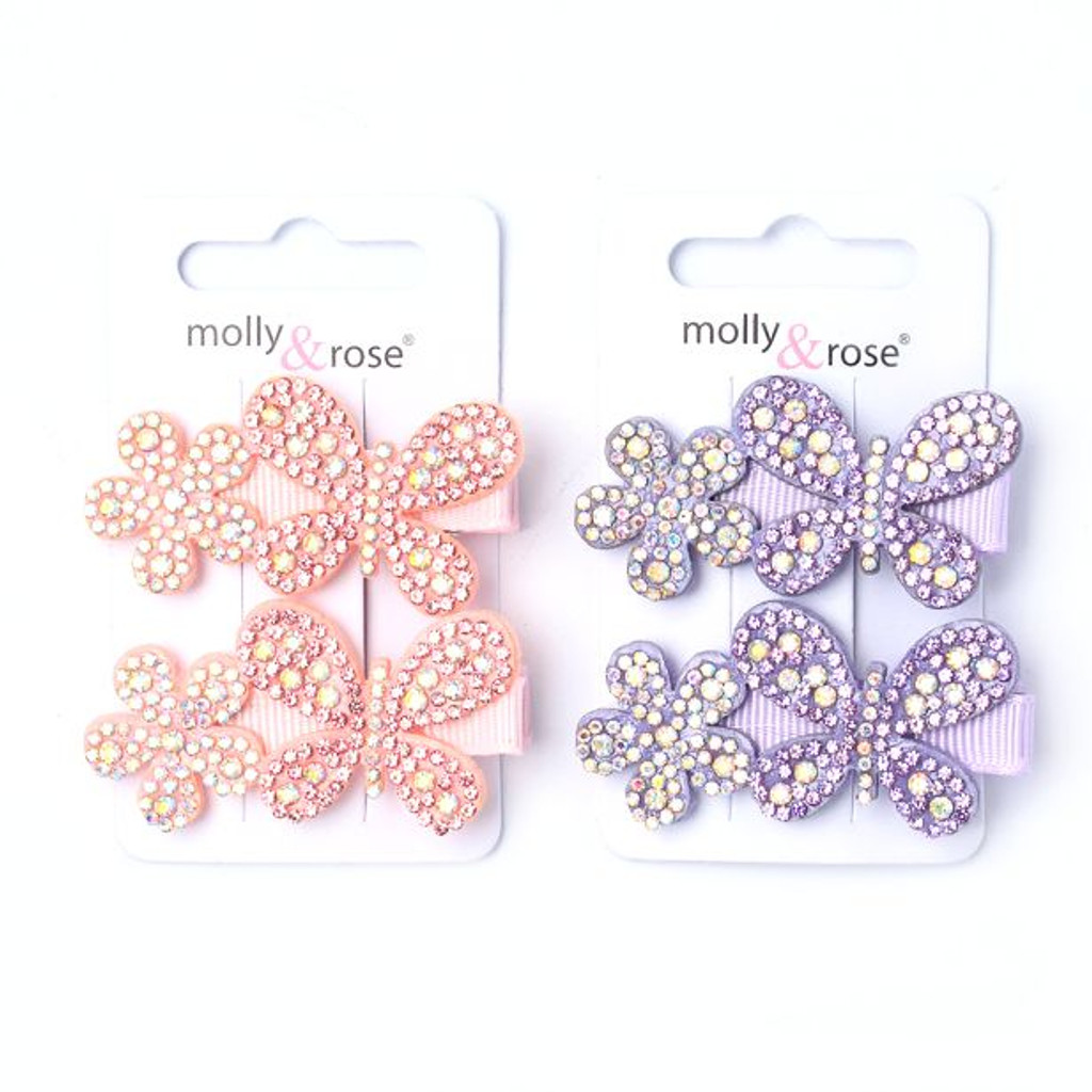 2 Diamante Flower & Butterfly Beak Clips