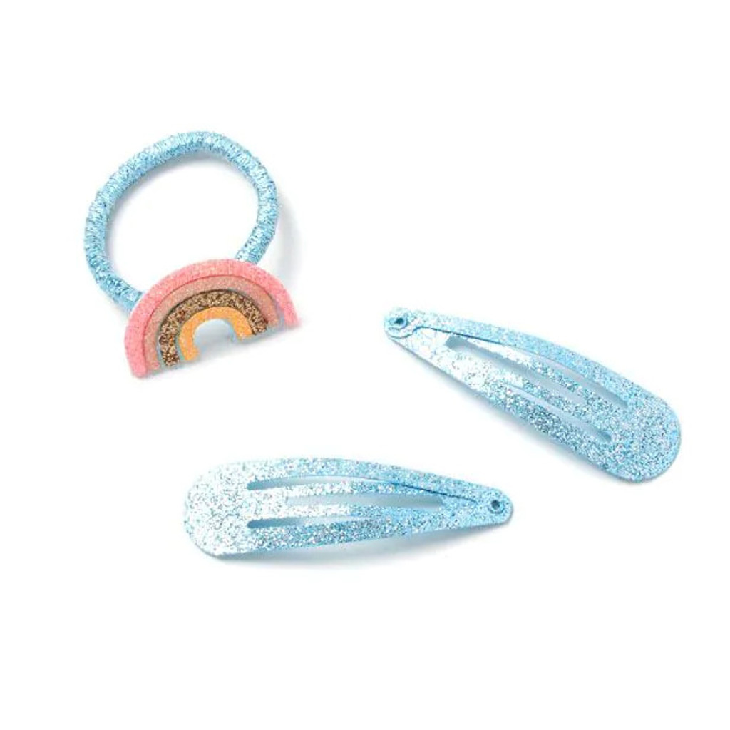 4 Blue Glitter Sleepies & 2 Rainbow Motif Elastics Set