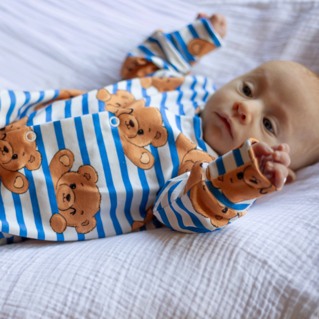 Teddy Stripe Unisex Baby Cotton Sleepsuit