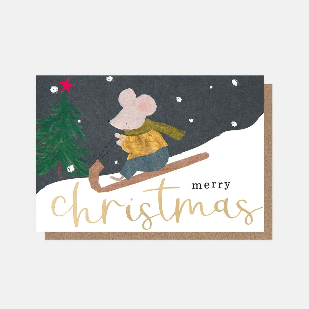 Sledging Mouse Small Christmas Card Pack of 10 PQX214