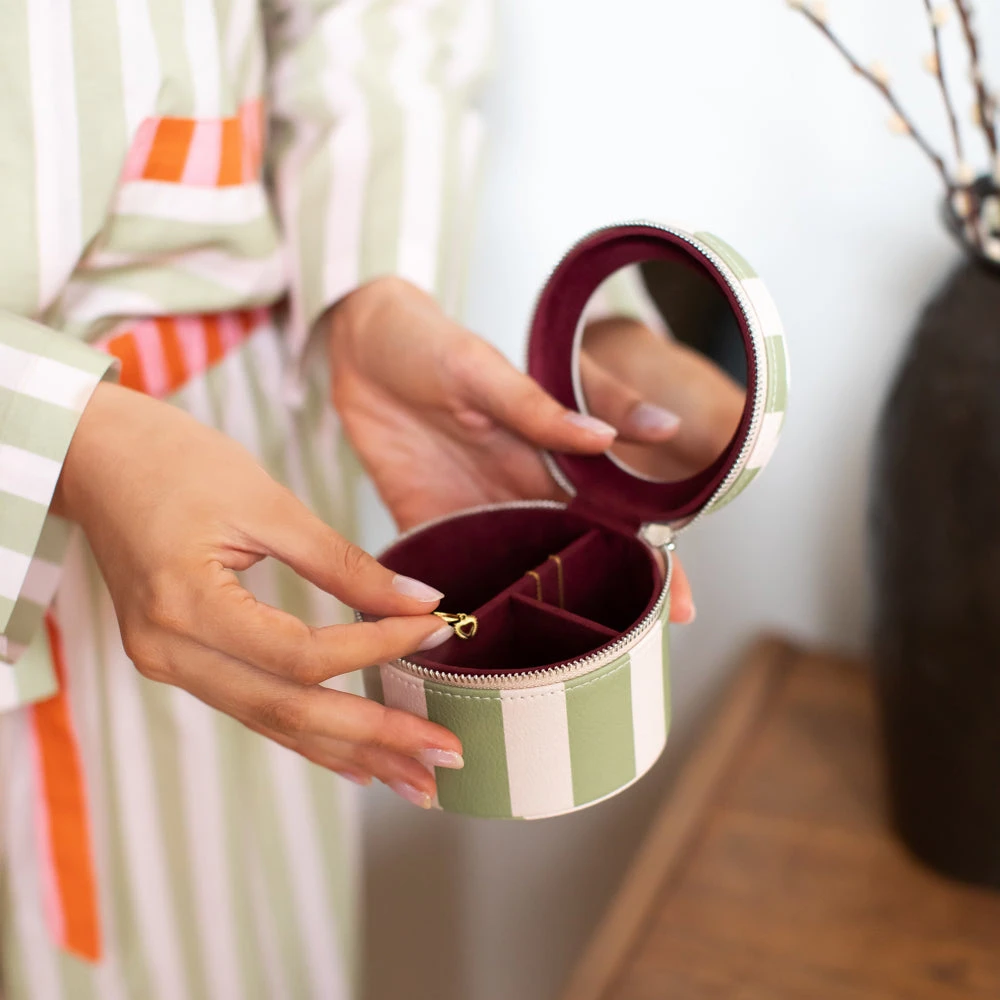 Pink & Green Stripe Round Jewellery Box RJB100