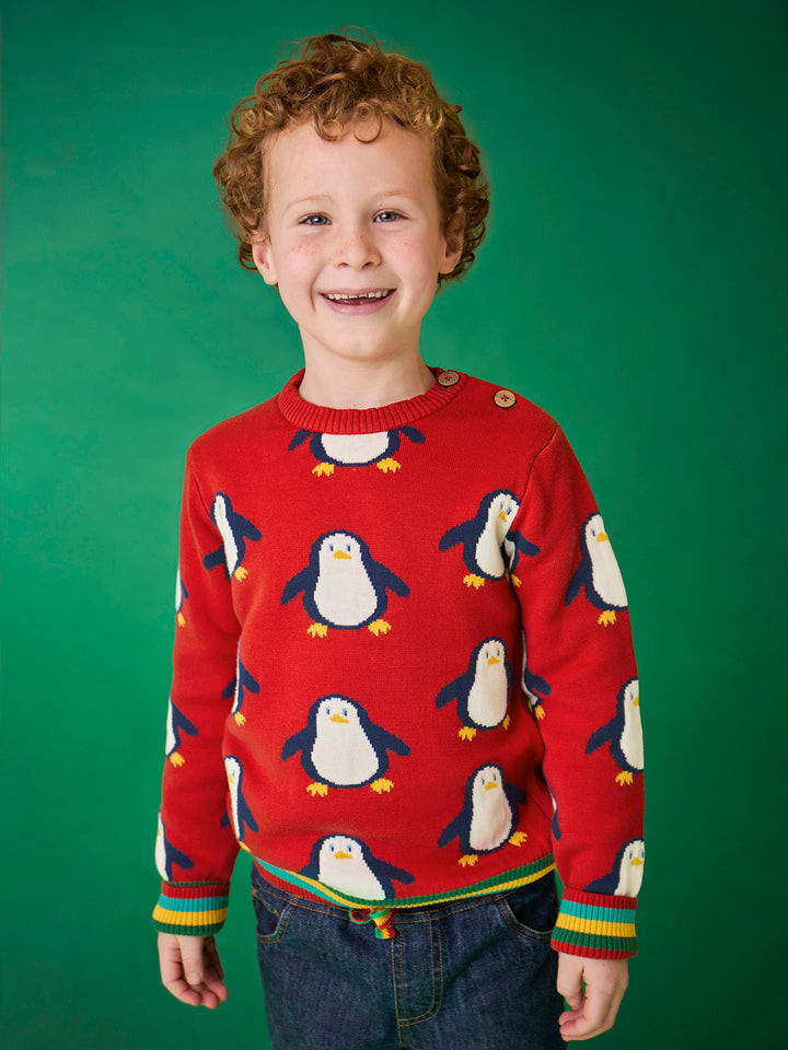 Jolly Knitted Jumper - Scarlet / Penguins