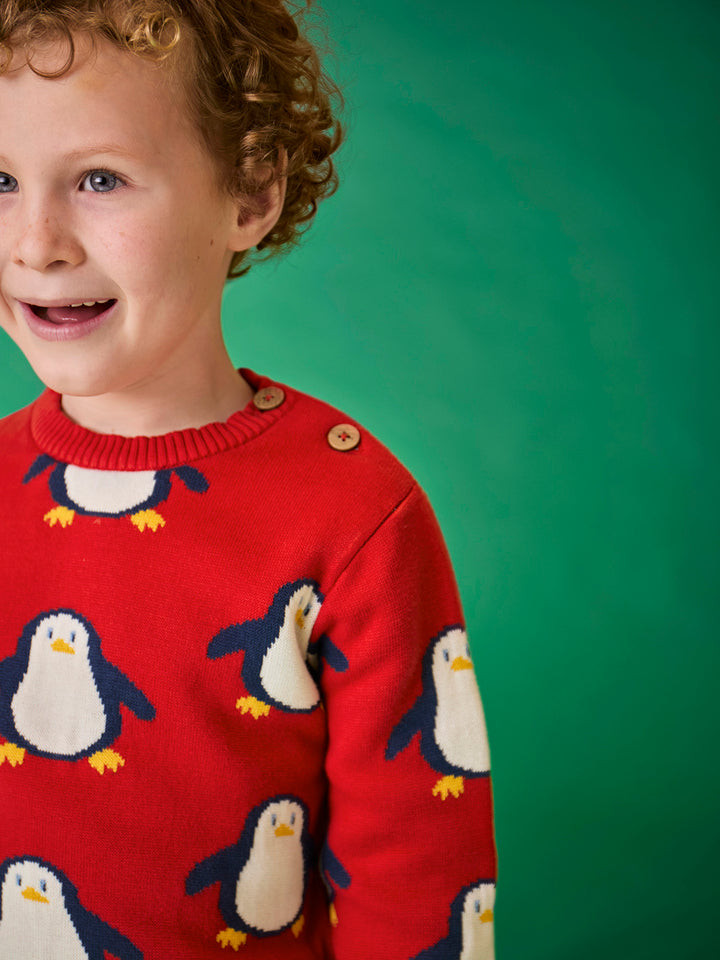 Jolly Knitted Jumper - Scarlet / Penguins