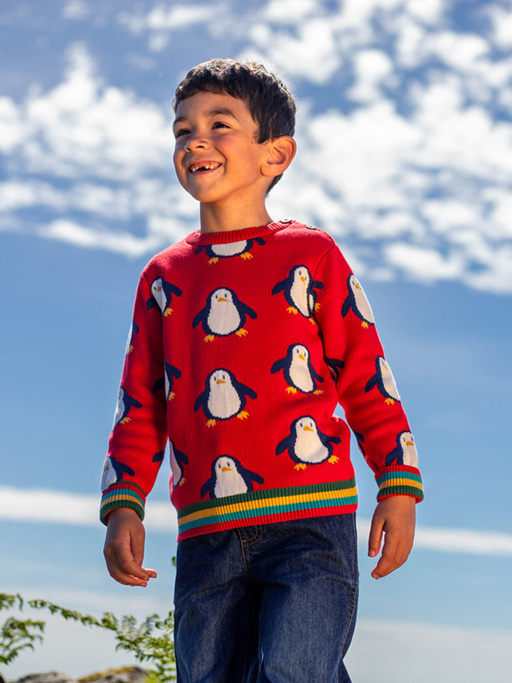 Jolly Knitted Jumper - Scarlet / Penguins