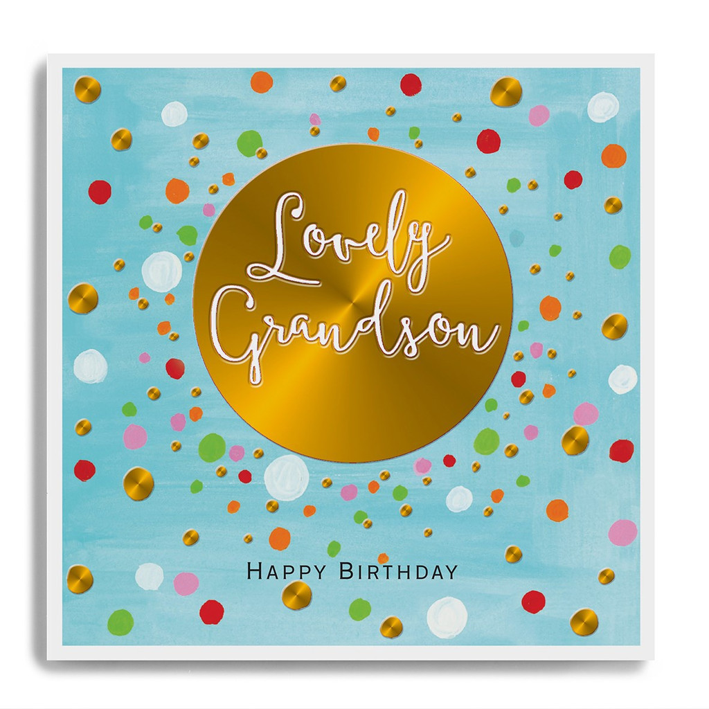 Happy Birthday Lovely Grandson - Gold Circle with Blue Background LA39
