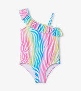 Rainbow Zebra One Shoulder Ruffle Swimsuit