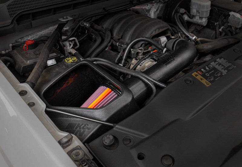 K&N cold air intake system installed on 5.3L Chevrolet Silverado engine bay