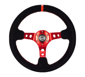 NRG Reinforced Steering Wheel (350mm / 3in. Deep) Blk Leather/Red Stitch w/Red Spoke - RST-006S-RD Photo - Primary