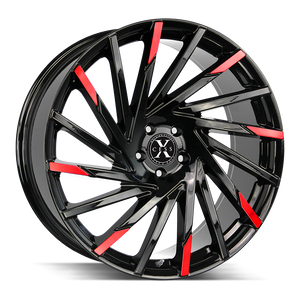 Xcess X02 5x120 22x9 +25 Gloss Black Machined Red Tips