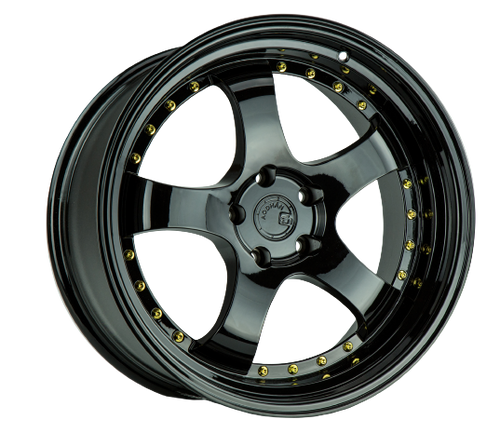 Aodhan AH03 4x100 / 4x114.3 16x8+15 Gloss Black W /Gold Rivets