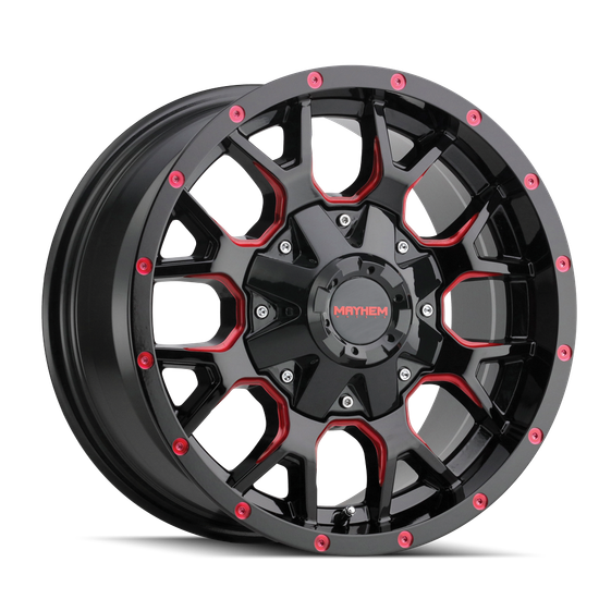 MAYHEM WARRIOR 8015 BLACK W/PRISM RED 17x9 -165 .1 18mm 130.8mm