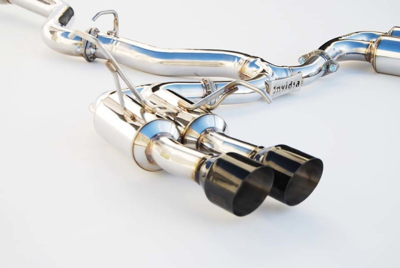 Invidia Gemini R400 exhaust rear view on Subaru WRX STI sedan