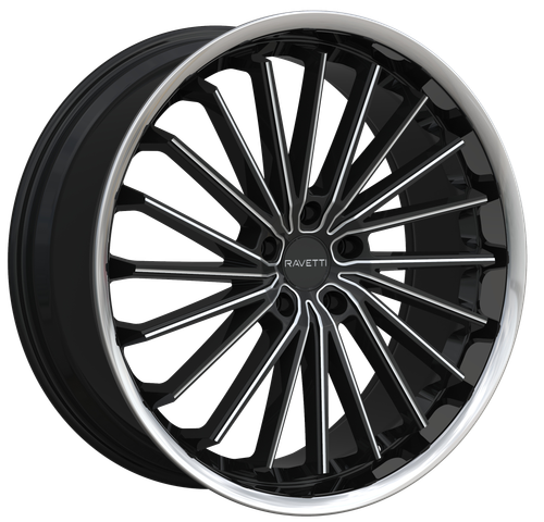 RAVETTI M14 5X115 20x8.5 +15 BLACK AND MILLED STAINLESS LIP