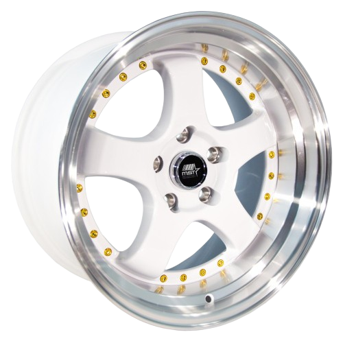 MST Wheels MT07 5x114.3 18x8.5 +20 White w/Machined Lip Gold Rivets