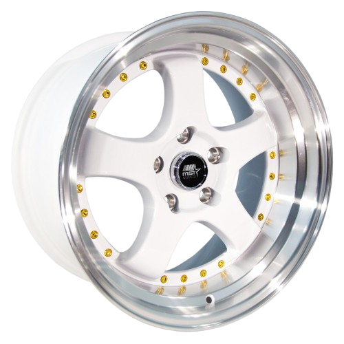 MST Wheels MT07 5x114.3 18x9.5 +20 White w/Machined Lip Gold Rivets