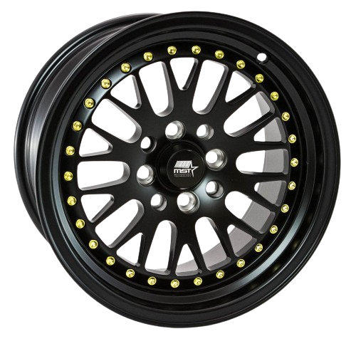 MST Wheels MT10 4x100/4x114.3 15x8.0 +25 Matte Black w/Gold Rivets