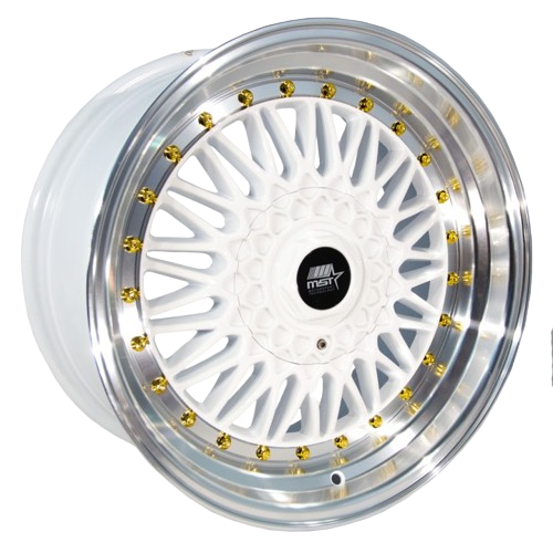 MST Wheels MT13 4x100/4x114.3 15x8.0 +20 White w/Machined Lip Gold Rivets