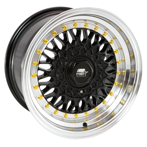 MST Wheels MT13 5x100/5x114.3 17x8.5 +30 Black w/Machined Lip Gold Rivets
