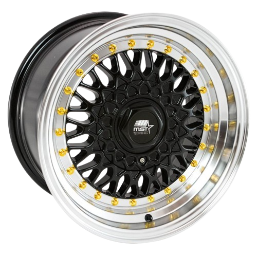 MST Wheels MT13 5x112/5x114.3 17x8.5 +30 Black w/Machined Lip Gold Rivets