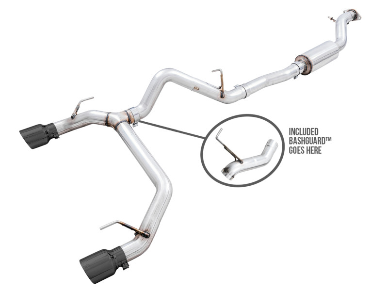 AWE Tuning 0FG dual rear exit exhaust with diamond black tips and bash guard on Ford Bronco