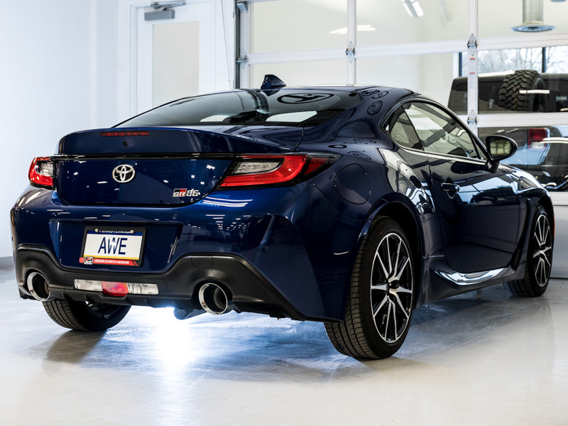 AWE Track Edition cat-back exhaust chrome silver tips mounted on BRZ GR86 Toyota 86