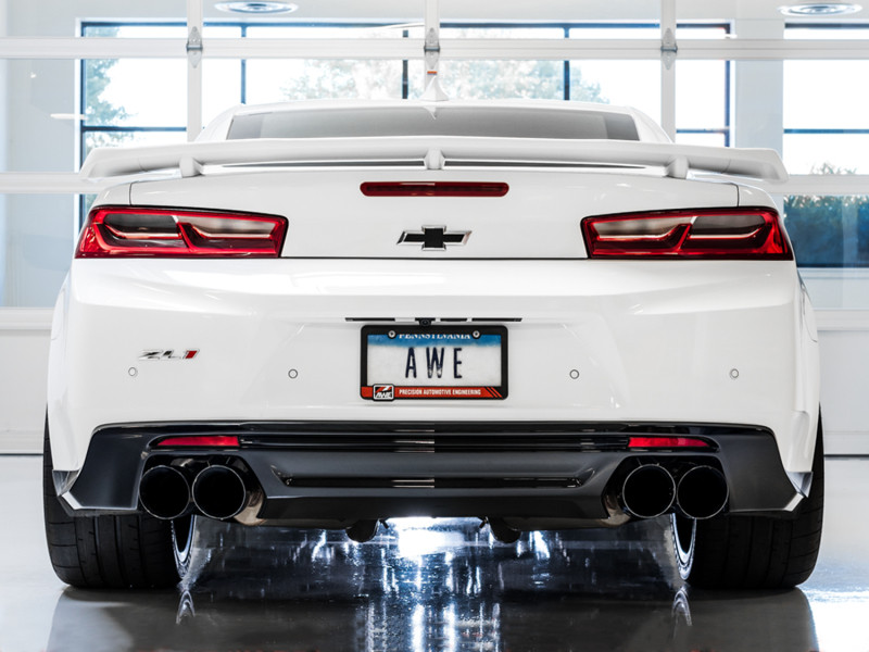 AWE Tuning Track Edition exhaust mounted rear view on Camaro SS