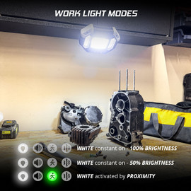 Work Light Modes: 100% brightness, 50% brightness, & white activated by proximity.