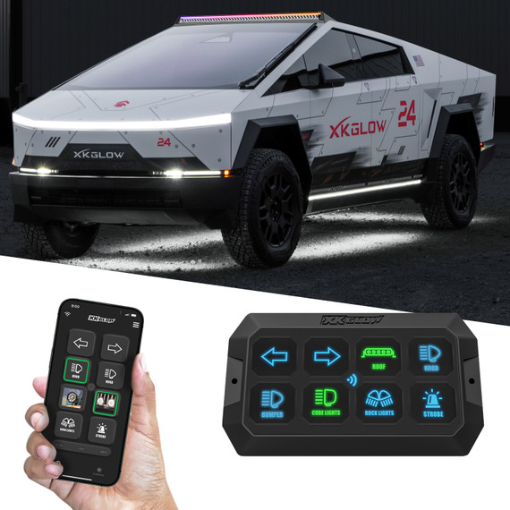 XKcommand Switch Panel for Cybertruck with dual mode offroad light control via smartphone app and digital switch panel
