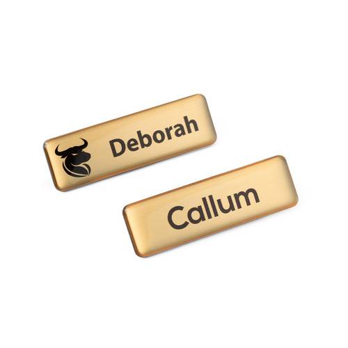 Name Badge 65 x 20mm Brushed Gold with Resin Dome