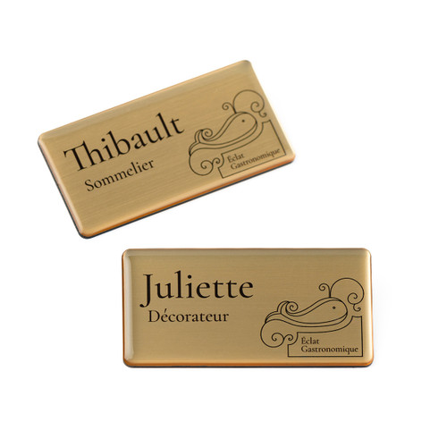76 x 38mm Name Badge, Name Tag with Resin Dome. Brushed Gold.