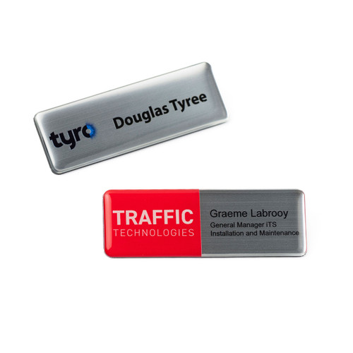 76 x 26mm Name Badge, Name Tag with Resin Dome. Brushed Silver