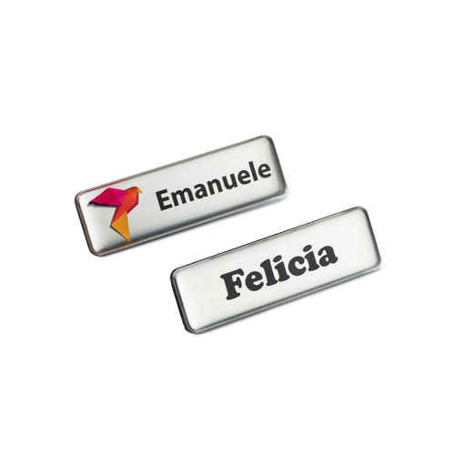 Name Badge 65 x 20mm Brushed Silver with Resin Dome